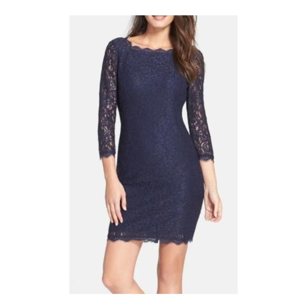 Adrianna Papell Navy Lace Overlay Sheath Cocktail Dress size 4